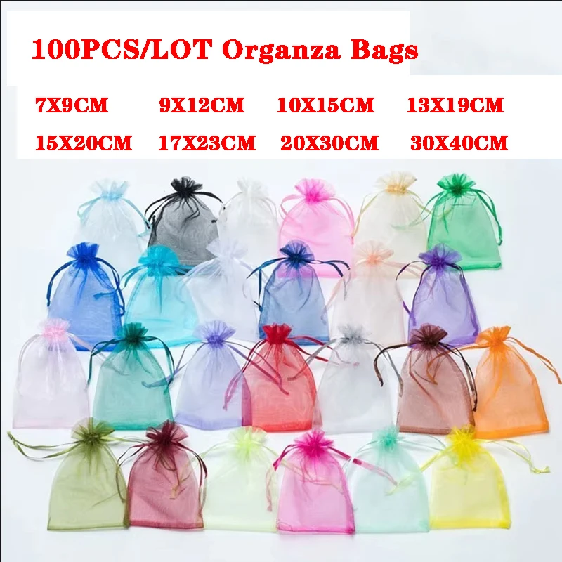 

100Pcs/lot 7x9 9x12 10x15 13x18CM Organza Bags Jewelry Bag Wedding Party Decoration Drawable Bags Gift Pouches Jewelry Packaging