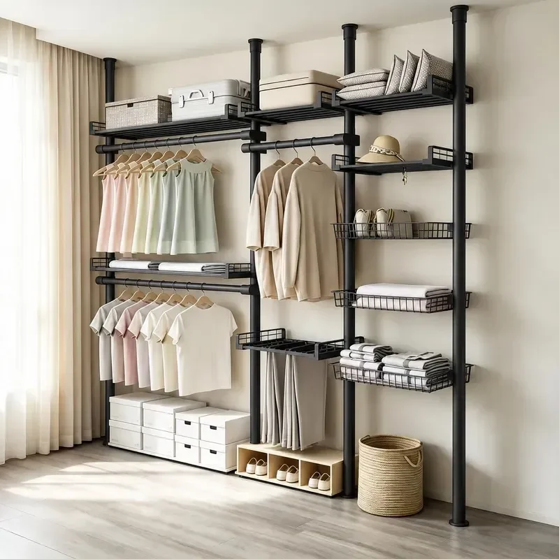 Telescopic Wardrobe Storage Rack No Drilling Standing Organizer Black