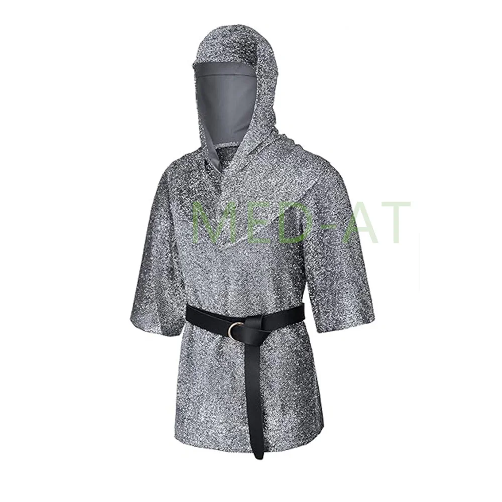 Medieval  Cosplay Fake Chain Mail SHirt Renaissance Armor Tunic Coif Knight Cowl Crusader Costume Bracers Waist Belt Set view 5