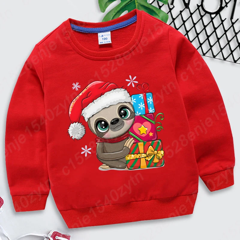 New Christmas Sloth Print Sweatshirt For Children Autumn And Winter Casual Sports Boys Girls Round Neck Hoodeless Pullovers Tops