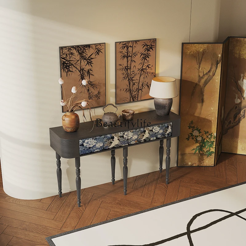 French Chinese style solid wood entrance table, living room against the wall, crane painting