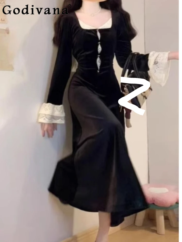 

Large Size Autumn Lace Splicing Contrasting Color Long Sleeve Dress Girl High Waist A-line Square Collar Sweet Versatile Dresses