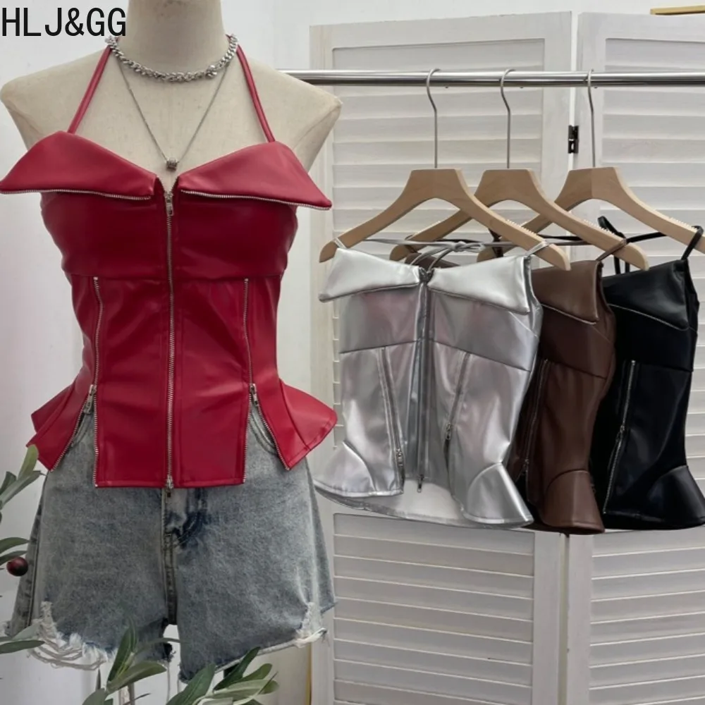 

HLJ&GG Punk Sexy Leather Zipper Patchwork T-shirt for Women Solid Color Sleeveless Backless Tube Top Female Streetwear 2025