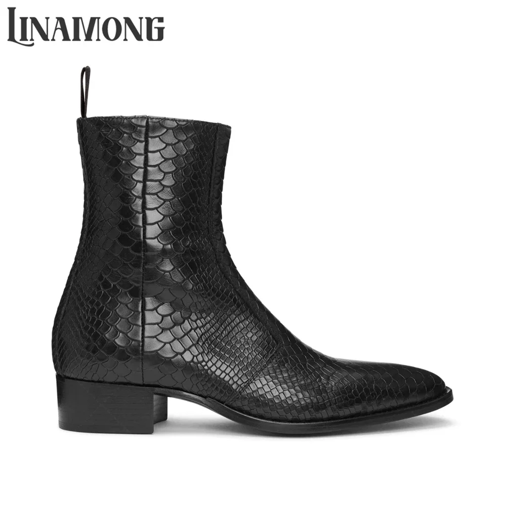 Ankle High Side Zip Panel Booties Pointed Round Toe Crocodile Leather Velvet Boots Classic Concise Style Business Boots for Men