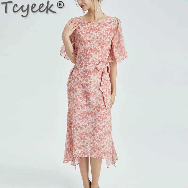 100% Tcyeek Mulberry Real Silk High-end Midi Summer Women Clothes Elegant and Pretty Women's es Floral Dress