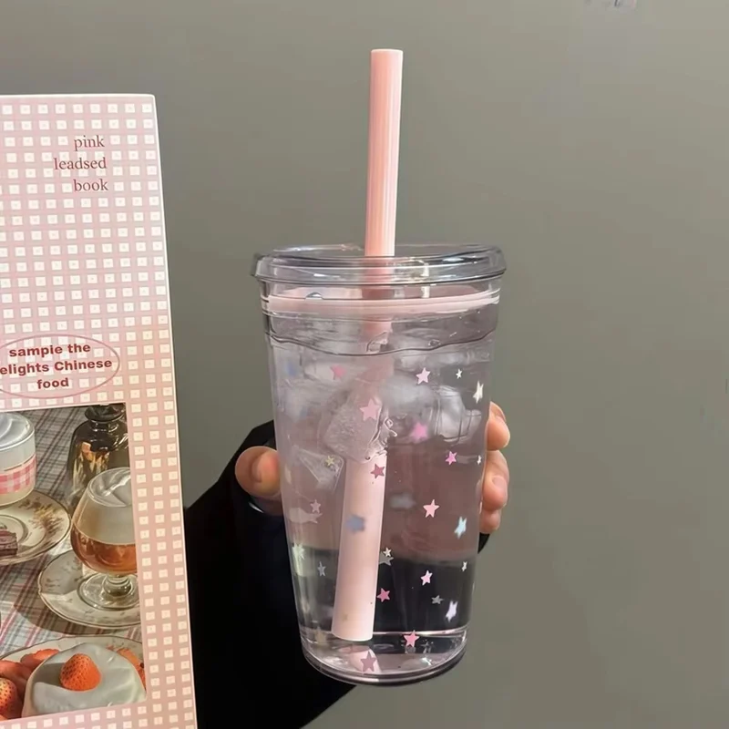 Star Korean Style 450ML Summer High-value Milk Straw Plastic Cup Transparent Multi-color Thickened Coffee Cup Office Water Cup
