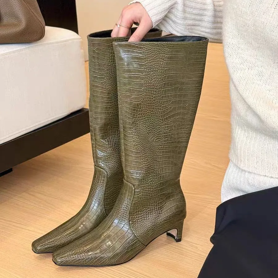 Women Vintage Crocodile Embossed Knee High Boots Square Toe Mid Heel Straight Shaft Tall Boots Ladies Dress Party Shoes