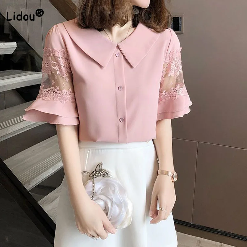 

Elegant Fashion Lace Spliced Flare Sleeve Chiffon Shirt Single-breasted Casual Solid Turn-down Collar Blouse Women's Clothing