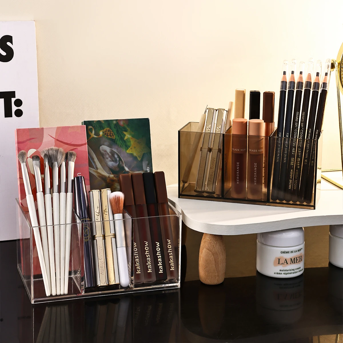 1 st acryl transparant/transparant zwart make-up borstel make-up opbergdoos met meerdere compartimenten, badkamer make-up lade