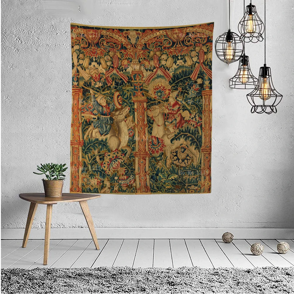 Arcades With Riders In Fantastic Thickened And Hunting For Wild Boar Medieval Retro Wall Art Hanging Tapestry