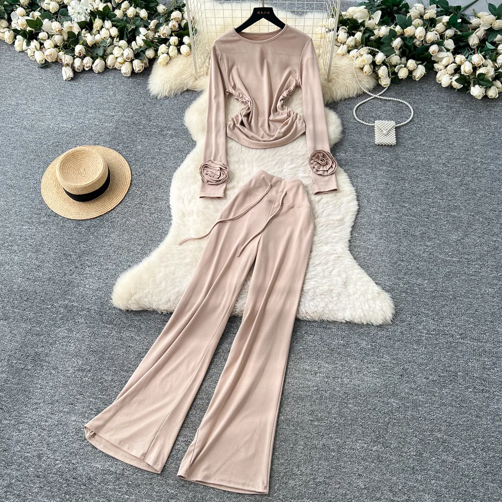 

Two Piece Sets Pant Set Women Round Neck Full Sleeve Floral Tops Wide Leg Long Pants Lace Up Elastic Waist Y2k Streetwear Work