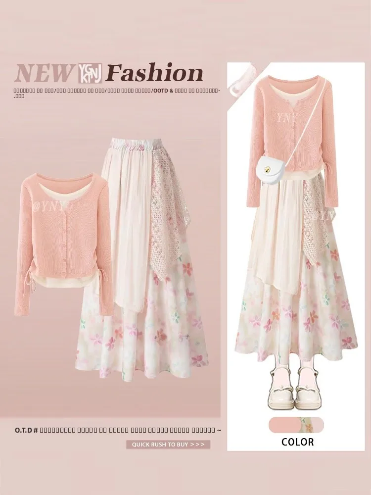 

Women's Floral Print Halter Neck Midi Dress Long Sleeve Button up Two Piece Set Casual Style Pure Desire Sweetness