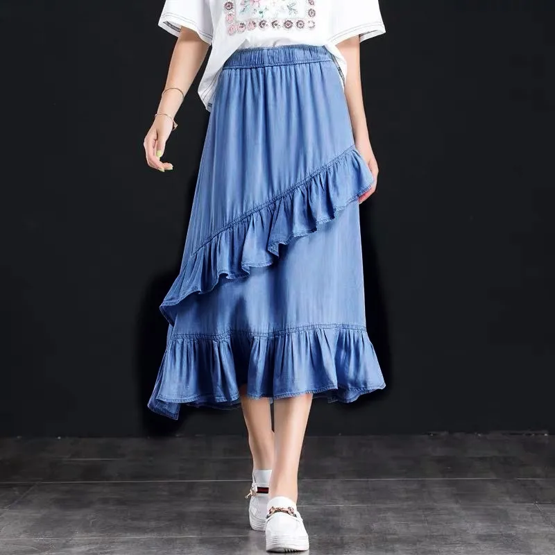 Zwart Blauw plus size dames hoge taille denim rok met ruches lente zomer asymmetrische elegante lange rok katoenen rokken