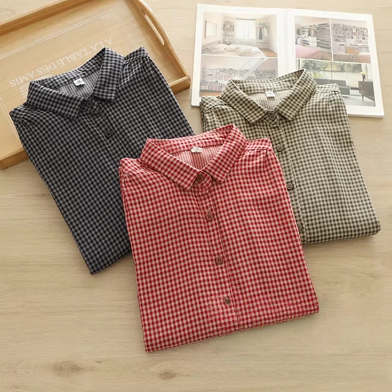 2026 Mori girl style red black checkered shirts and blouses for women spring Japan fashion cotton yarn vintage long sleeve tops