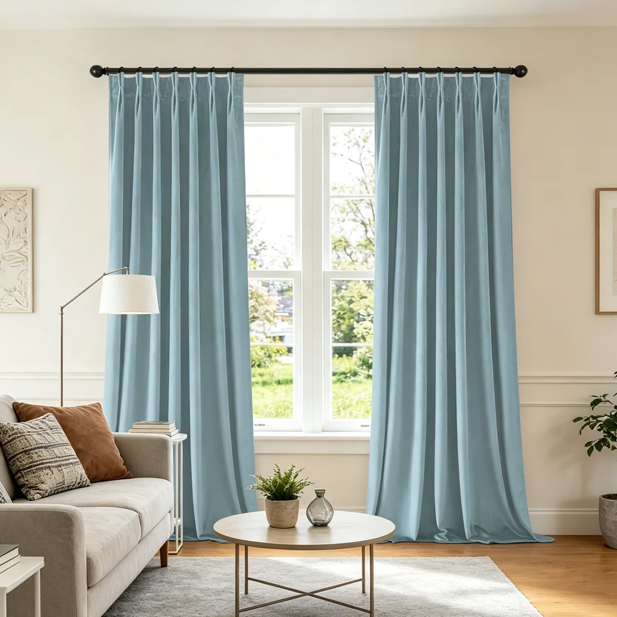 Dusty Blue Velvet Pinch Pleat Curtains, Soft Textured Drapes for Bedroom Living Room Cottage Decor