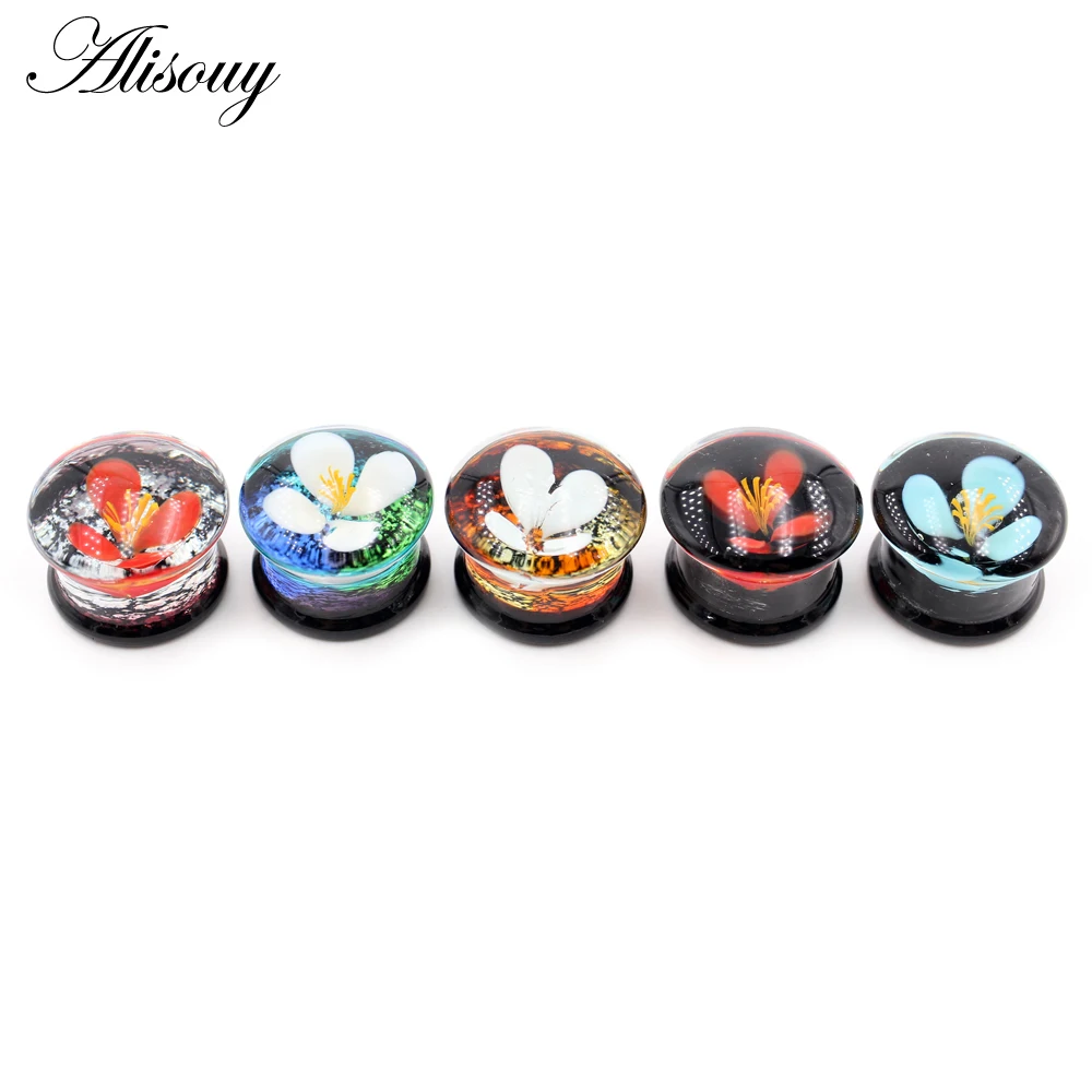 Alisouy 1PC 8-25mm przezroczysty okrągły szklany kwiat tunele do uszu wtyczka tunelowa Flesh nosze Expander kolczyki Piercing biżuteria do ciała — zdjęcie 3
