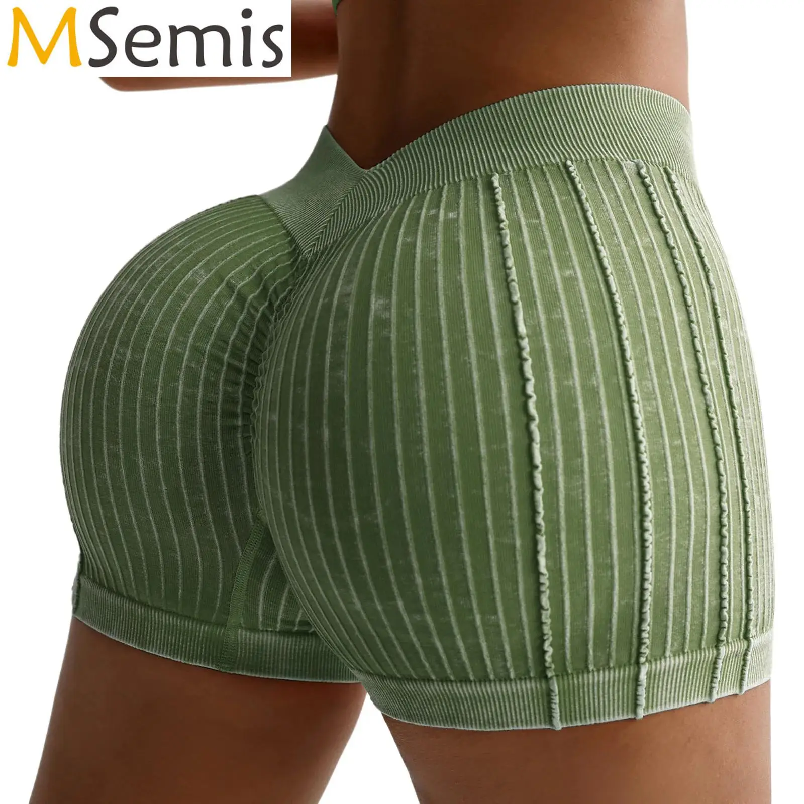 

Women Striped Ribbed High Waist Yoga Tights Shorts Fashion Ruched V-Back Waistband Shorts Sports Running Cycling Gym Fitness