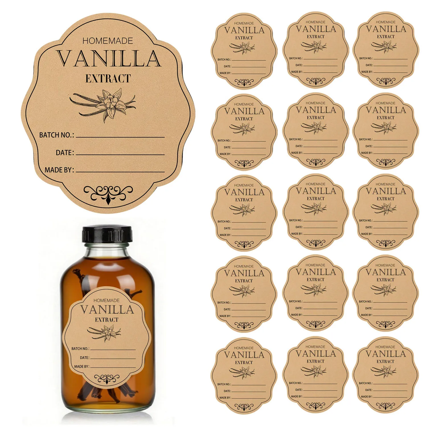 Homemade Vanilla Extract Labels, Christmas Gift Tags for Handcrafted Vanilla Bottles & Jars, Kitchen Pantry Stickers 120Pcs