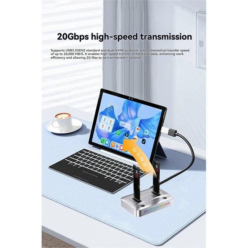 TTKK-M. 2 Stacja dokująca Dual-Bay na dyski SSD RGB NVME NGFF, USB3.2 GEN2 Type-C z transferem danych 20 Gbps, obsługuje klonowanie offline.