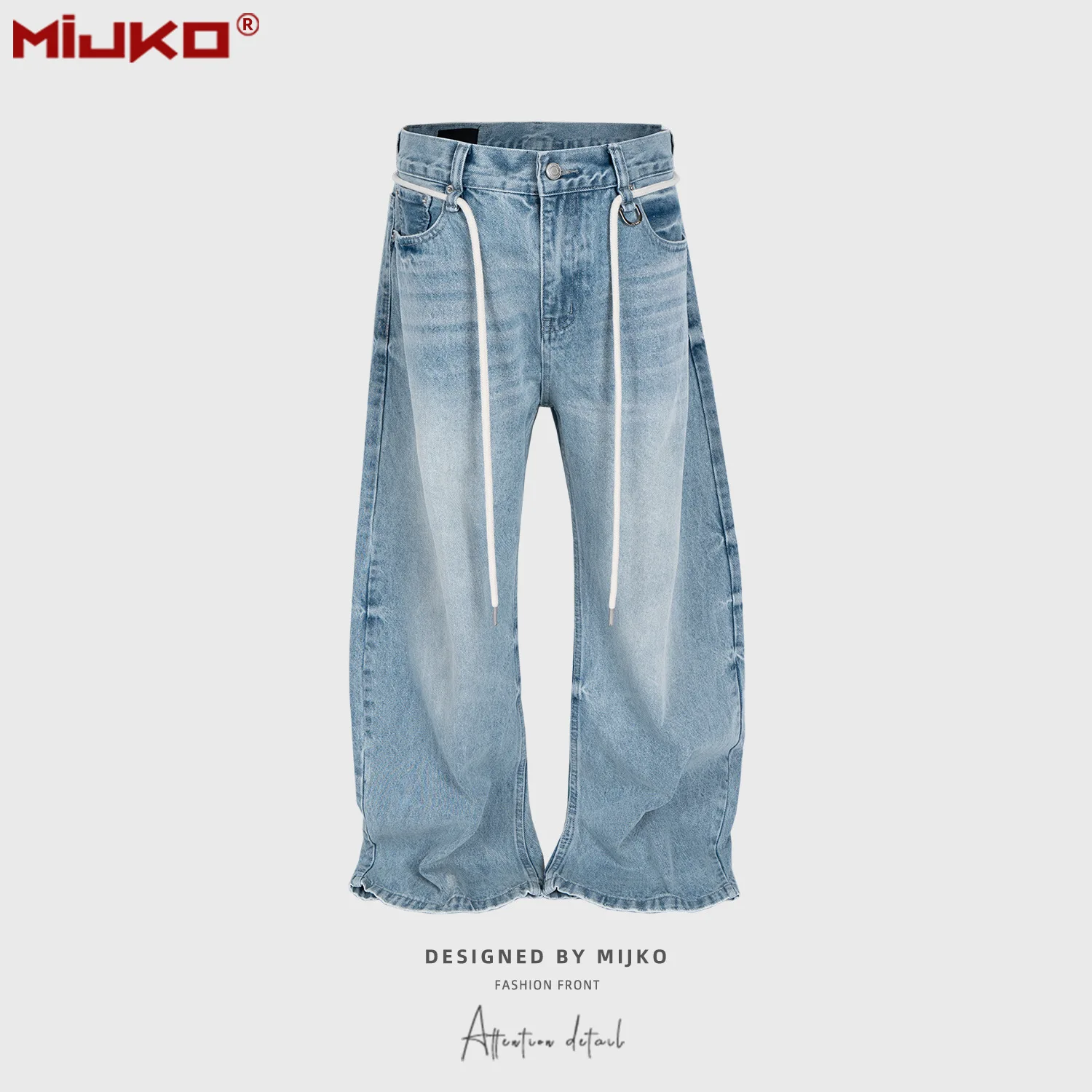 

MIJKO New Vintage Washed Drawstring Jeans Long Pants Ｍen's and Women's Denim Pants