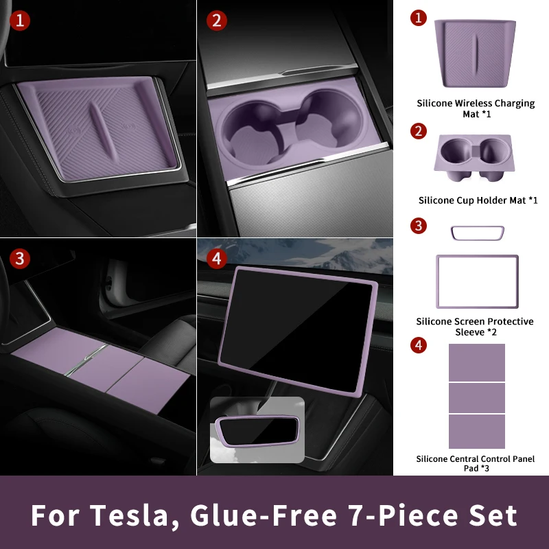 For Tesla Model 3 Model Y 2024+ 2025+ Silicone Interior 7‑Piece Set Center Console Panel Pads, Wireless Charging Mat, Cup Holde