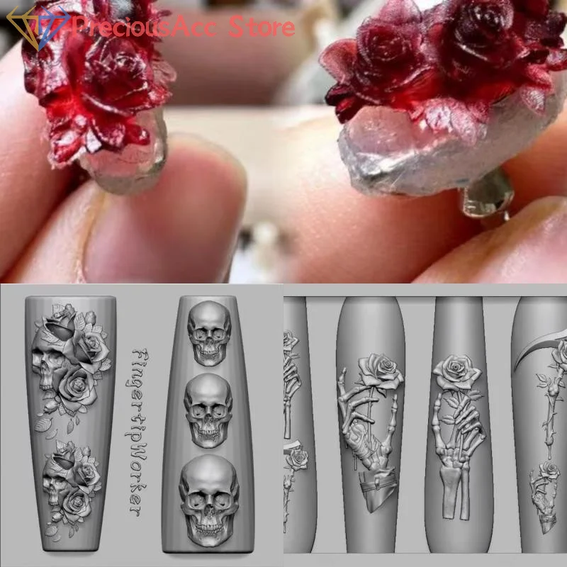 Stampi per nail art in silicone Fiore di rosa Teschio Scheletro fai da te Design a mano Stampo per intaglio trasparente Decorazioni per nail art