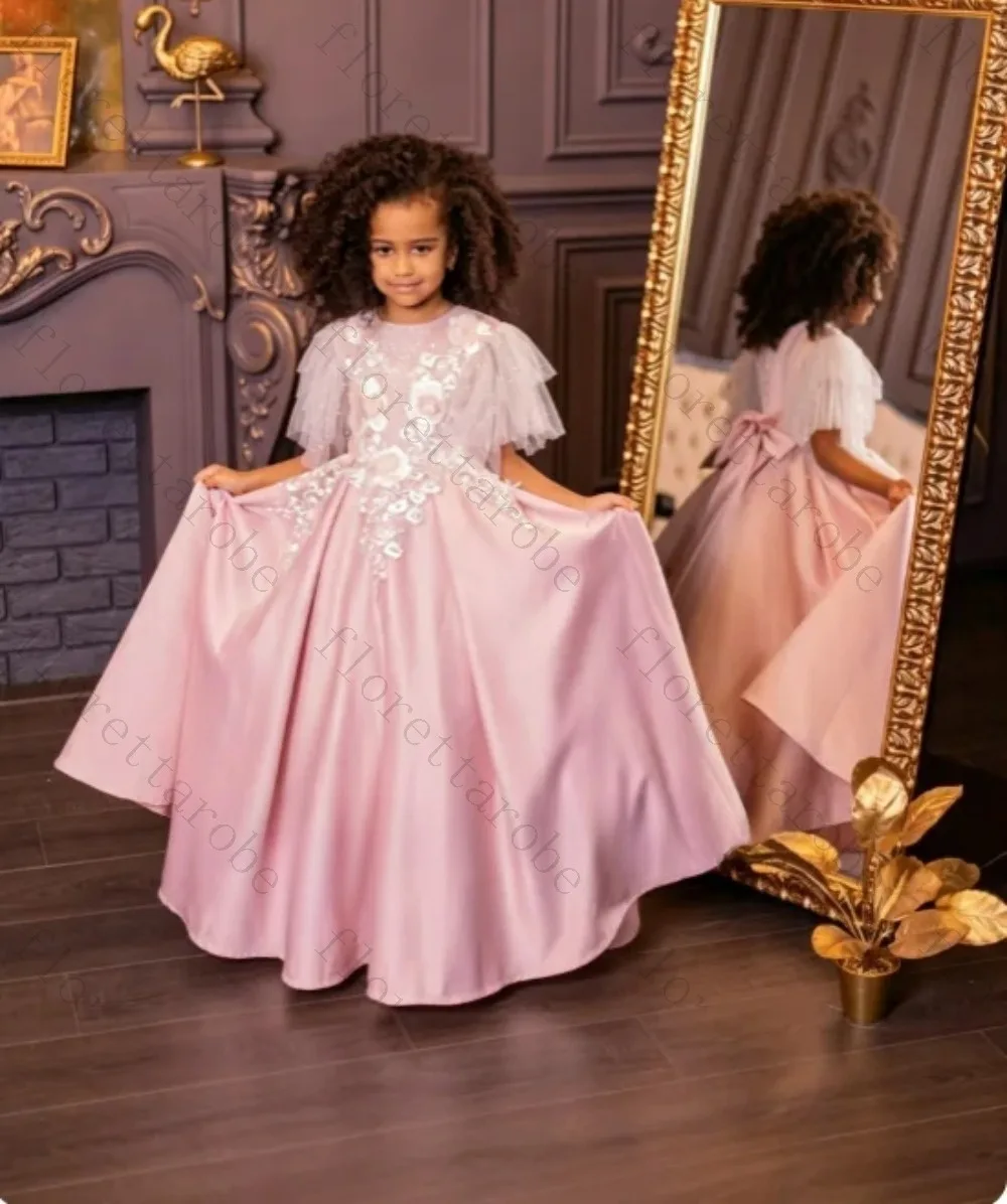 Customized Pink Satin Flower Girl Dress Long Ball Gown Round Neck Flutter Sleeve Lace Applique Bow Back Wedding Birthday Kids