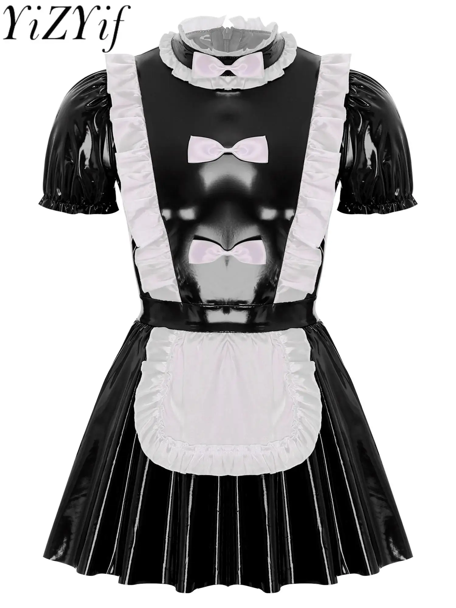 

Mens Adult Crossdresser Dress Sissy Maid Costume Outfits Ruffle Lace Wetlook Latex Rubber Dress Uniform with Apron Doll Collar