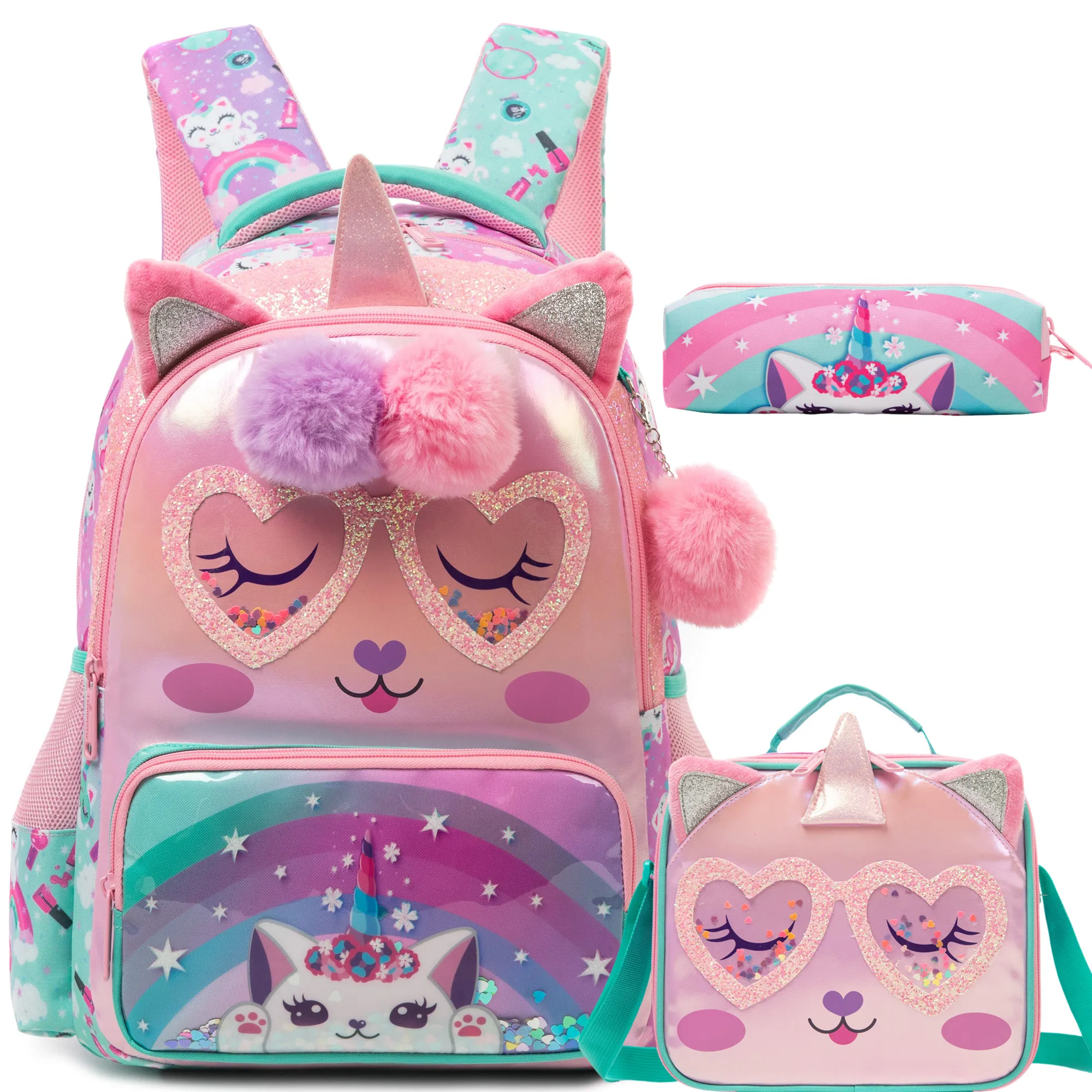 Kids School Backpacks for Girls Large Capacity Bookbag Set with Lunch Bag and Pencil Case Elementary Student Daily Backpack Back to School Supplies