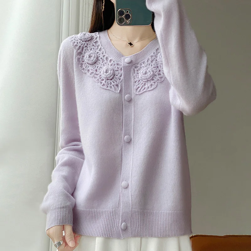 

Women's 100% Wool Cardigan - 12-Gauge Flat Knit, Lace Trim Collar, Soft & Warm, Button Front, 6 Colors Available