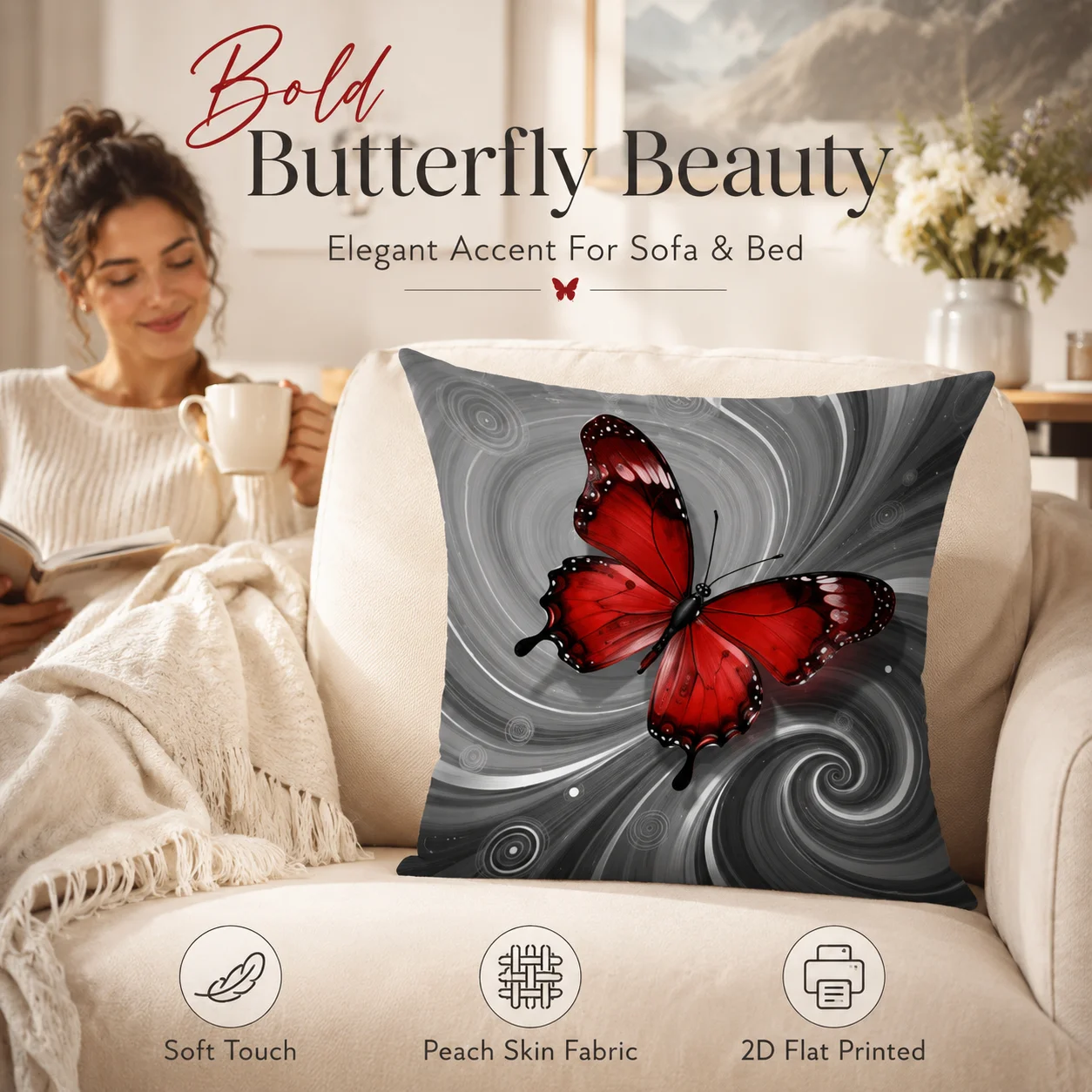 

Red Butterfly White Lily Decorative Pillowcase 2D Flat Printed Peach Skin Cushion Cover Elegant Grey Swirl for Living Room Sofa