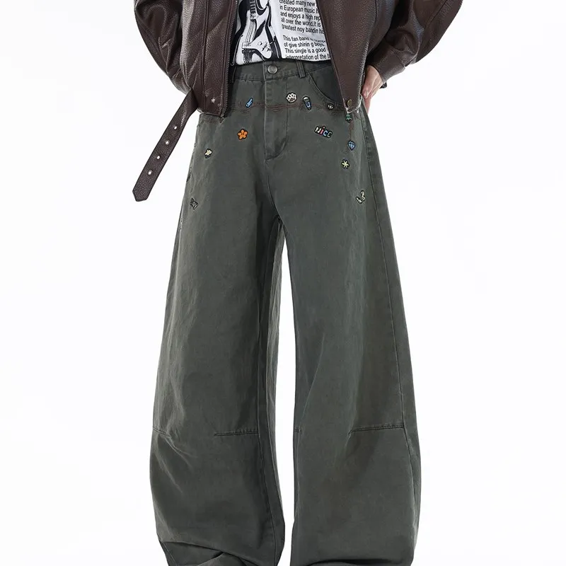 

Мужские джинсы в стиле милитари с цветочной вышивкой American Sle, свободные прямые брюки-колокольчики, повседневные осенние дизайнерские джинсы