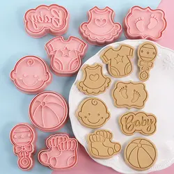 Molde de galletas con temática de bebé, de dibujos animados en 3D cortador de galletas, sello de plástico para hornear, herramientas de decoración de galletas, 8 piezas por juego