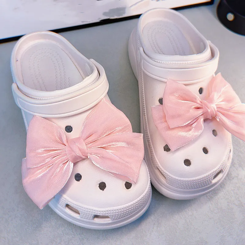 New Fashion Sweet Style Hole Shoe Charms Decorations Lovely Organza Bow Shoes Buckle DIY 3D Hole Shoe Accessories