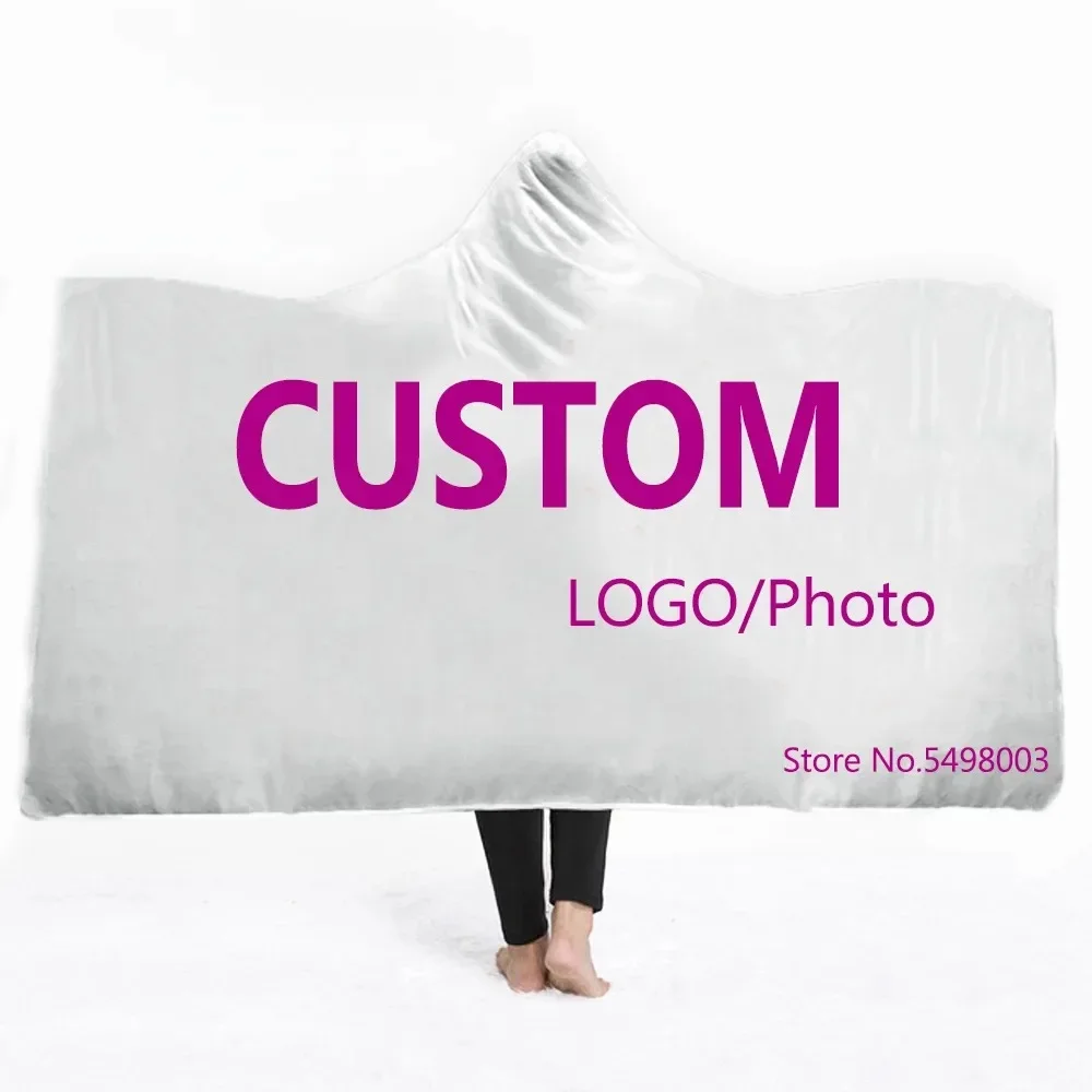 Custom Photo Logo Brand Hooded Blanket DIY Blankets Warm Wearable Flannel Plush Throw Blankets for Adults Kid POD Dropship