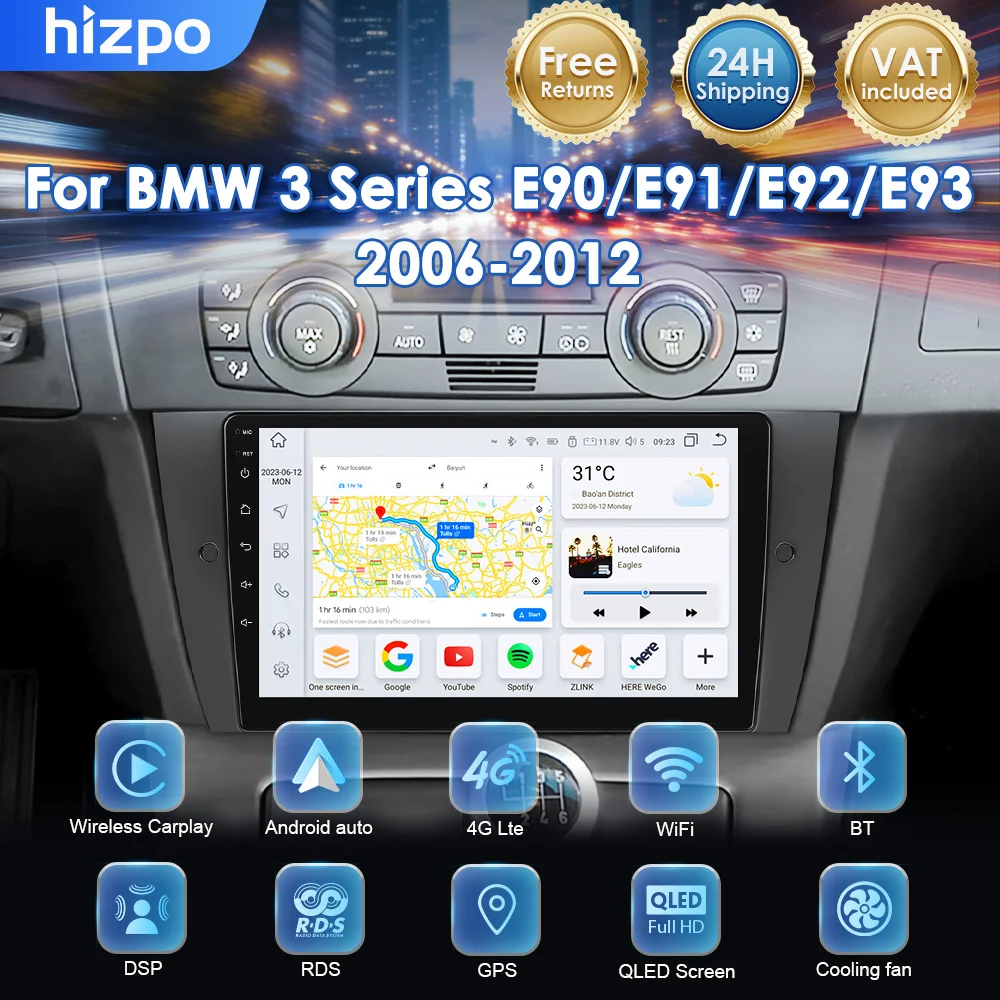 Display Multimediale Hizpo per Auto BMW Serie 3 E90 E91 E92 E93, Schermo Touch, CarPlay Wireless, Android Auto, Navigazione GPS, Telecamera 360°, Bluetooth