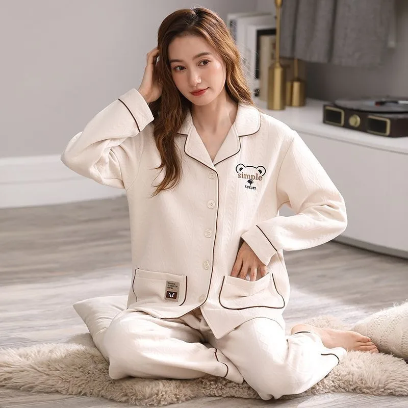 2023 New Autumn Winter Women\'s Pajamas Three Layers Pure Cotton Thickened Warm Air Cotton Interlayer Thin Cotton Set Homewear