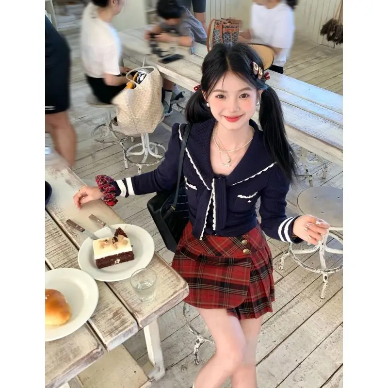 Fashionable Retro College Style Knitted Sweater Women's Navy Collar Contrasting Color Short Casual Top Plaid Short Skirt Set