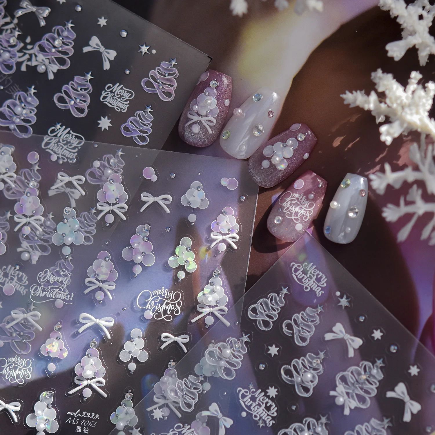 Iridescent Bubble Christmas 5D Nail Stickers Christmas Tree Bow Dot Nails Art Accessories Self‑Adhesive Manicure Decorat Decals