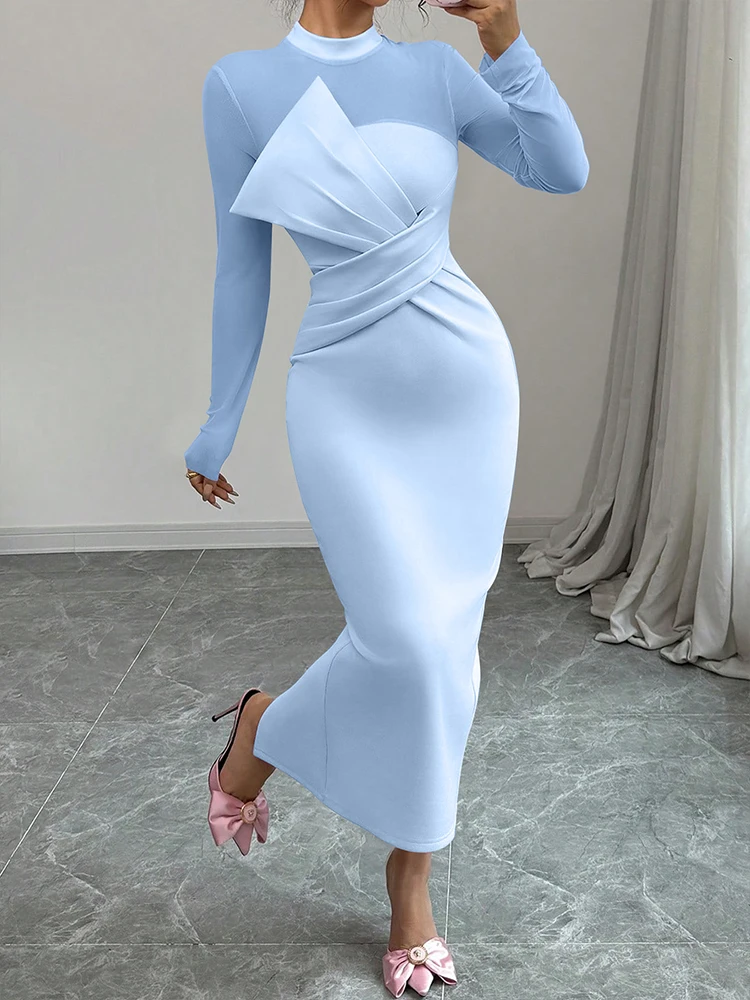 Autumn Women's Dresses Streetwear Fashion Long Sleeve Half turtleneck Maxi Dress Solid Sexy See Through Bodycon Dresses Clothing