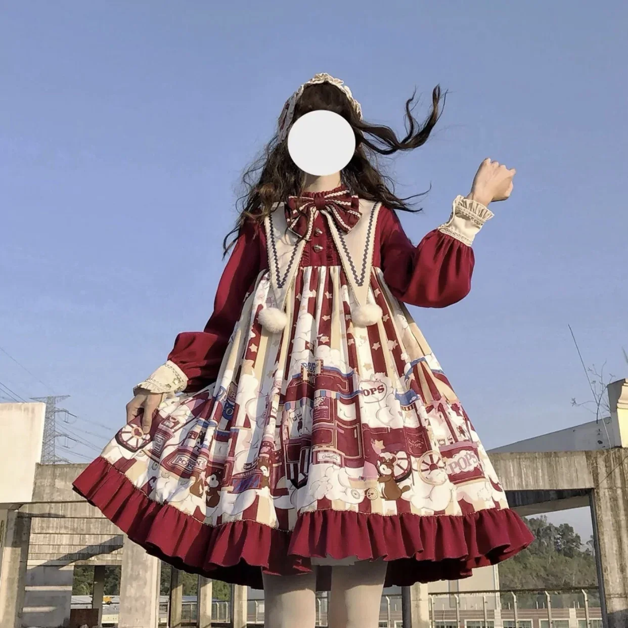 Lolita Sweet Dress Red Autumn Winter Print Long-sleeved Maiden Japenes Dress Kawaii Women's Clothing