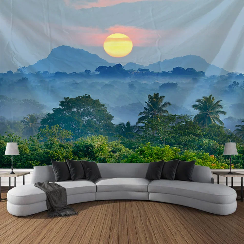Natural landscape tapestry, forest waterfall wall hanging living room mural, Bohemian style, polyester fabric decorative blanket