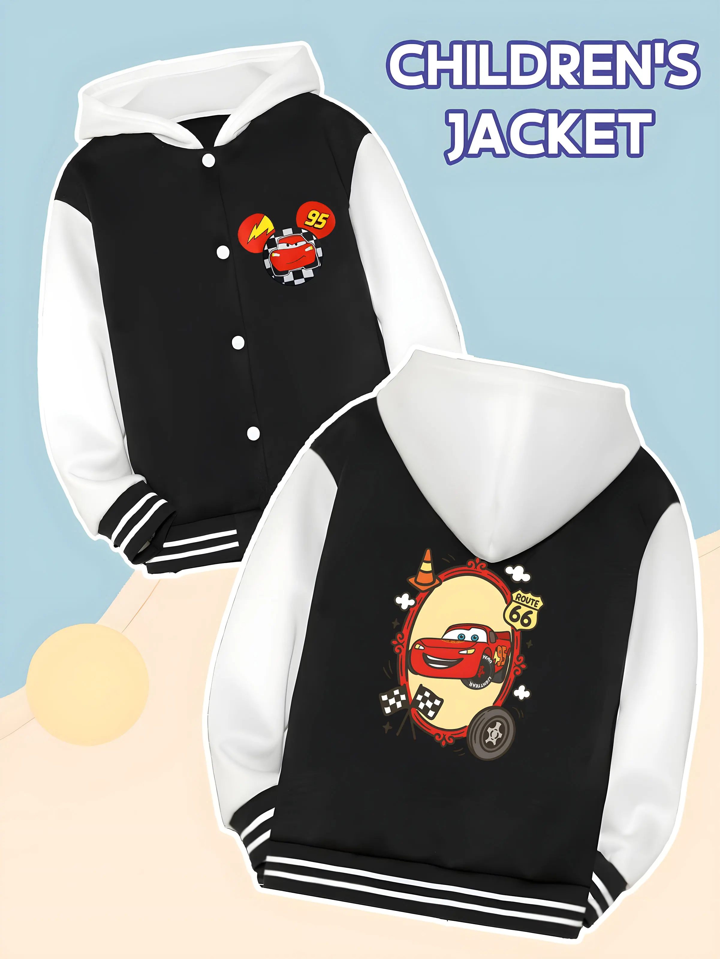 

MINISO Disney Cars themed children's baseball jacket - McQueen and Route 66 print, stylish for daily wear and racing events