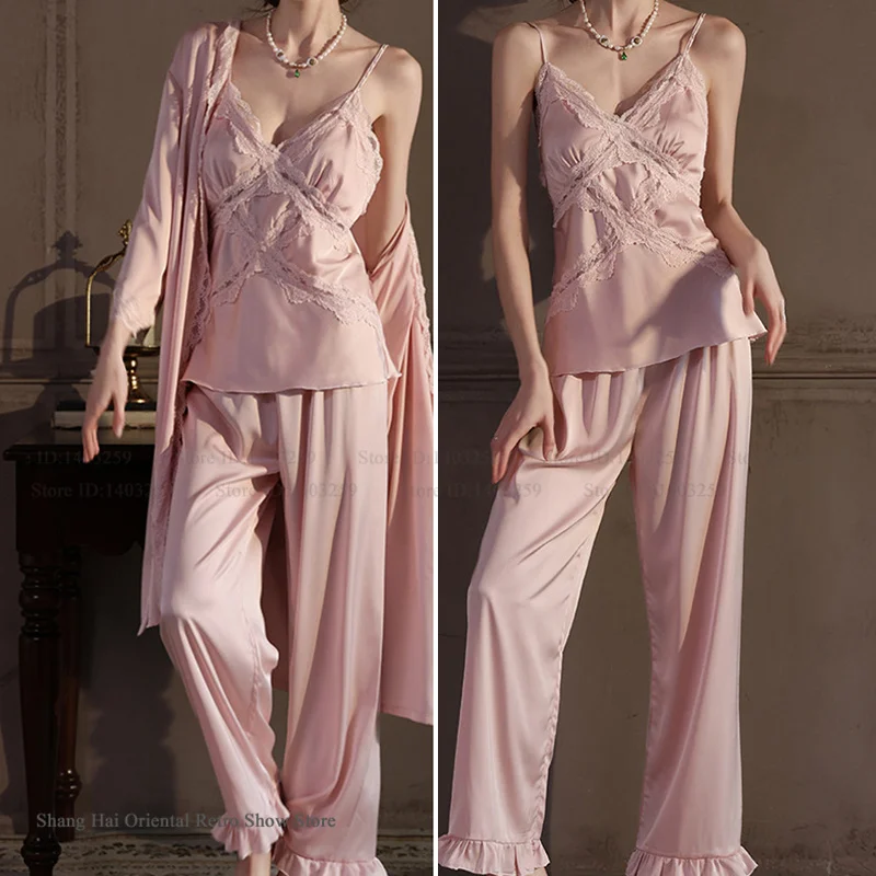 Sexy Lace Bathrobe Pajamas 3PCS Set Spring Summer New Ice Silk Sleepwear Loungewear Loose Casual Trouser Pijamas Suit Lingerie 3