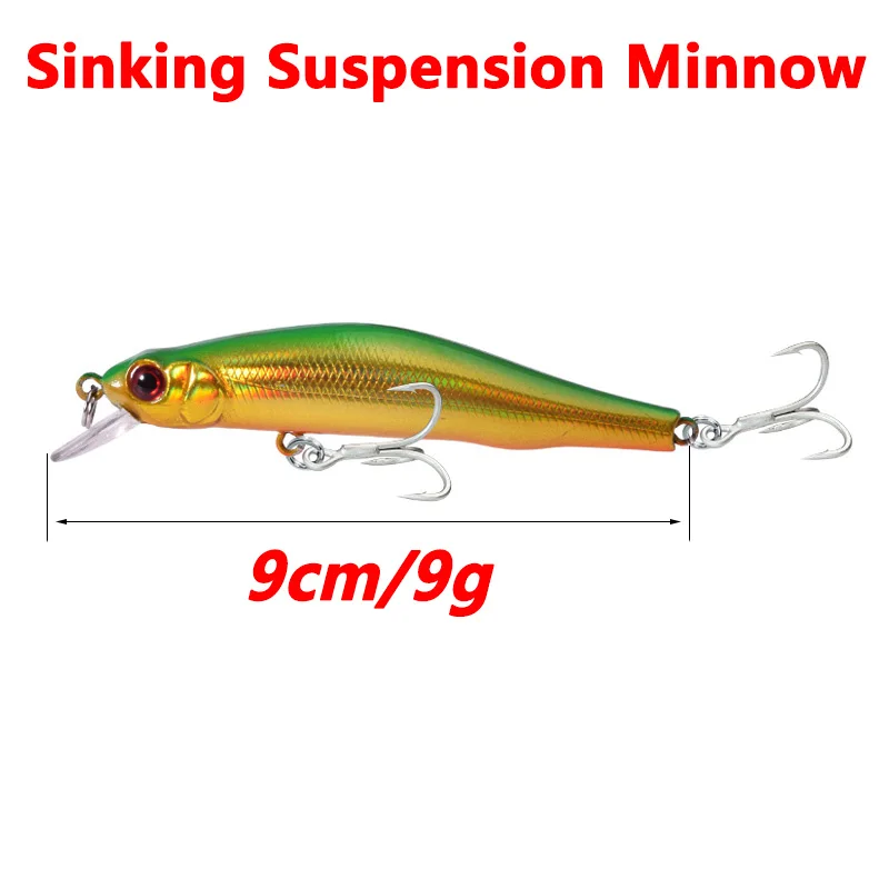 1 pieza, señuelo de pesca minnow, 9 cm, 9 g, hundimiento suspendido wobbler, tackle, señuelo artificial de plástico con 6 # anzuelos triples para la lubina y el lucio