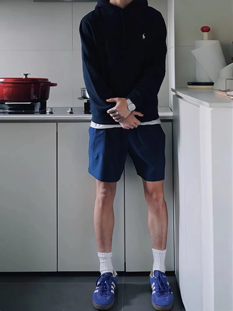 

Синие нейлоновые спортивные брюки Qui Dry, мужские летние дышащие баскетбольные брюки для фитнеса, пляжные повседневные брюки длиной до колена для подростков