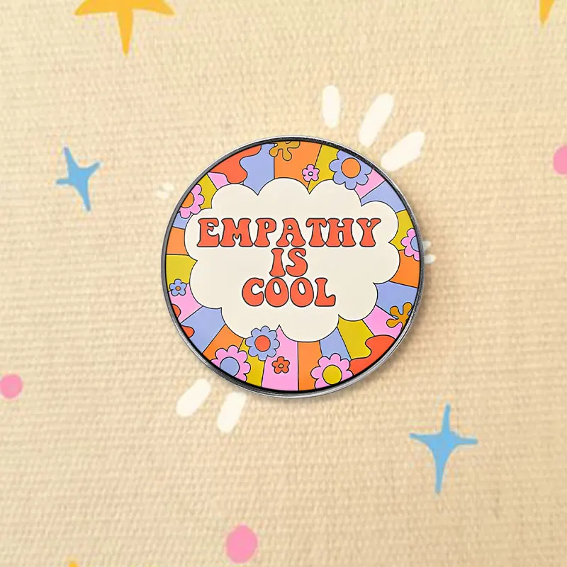 Retro 70s Empathy Is Cool UV Printing Badge Psychedelic Flower Power Pin Alloy Brooch Jewelry For Hippie Accessory