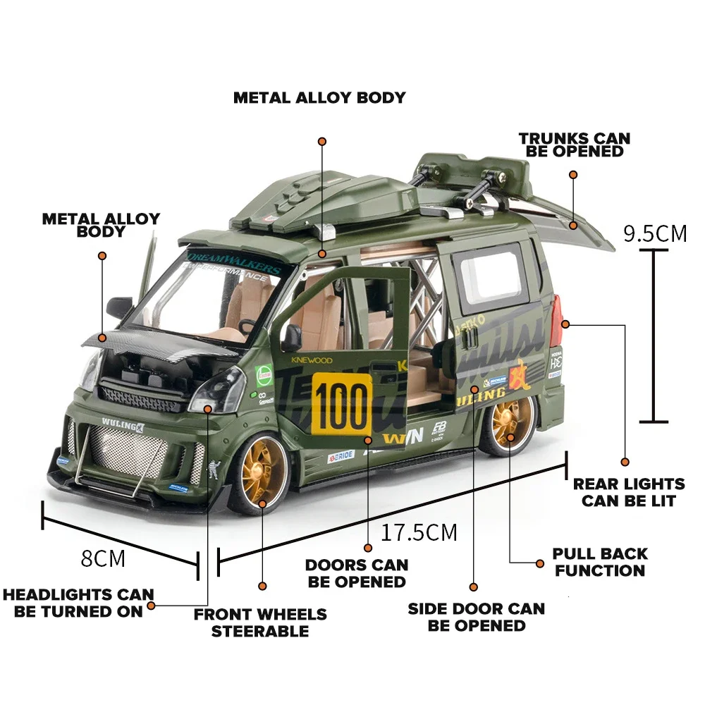 1/24 versi dimodifikasi Wuling Van Diecast Model mobil logam campuran untuk anak laki-laki kendaraan mainan anak-anak suara lampu hadiah laki-laki perempuan Teman