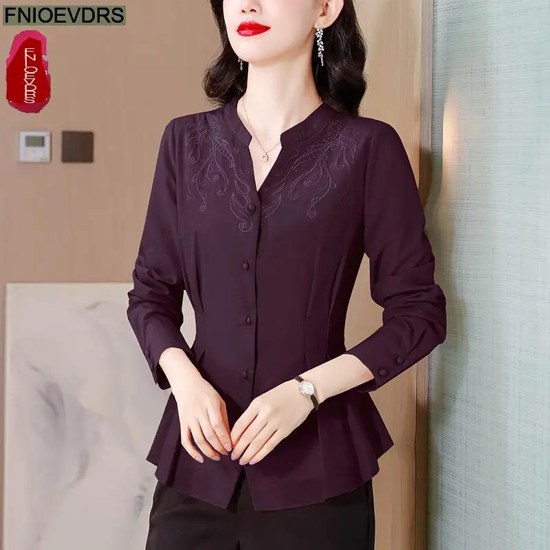 Loose Clothes Women 2024 Autumn Elegant Office Lady Button Shirts Casual Retro Vintage Embroidery Tunic Peplum Tops Blouses