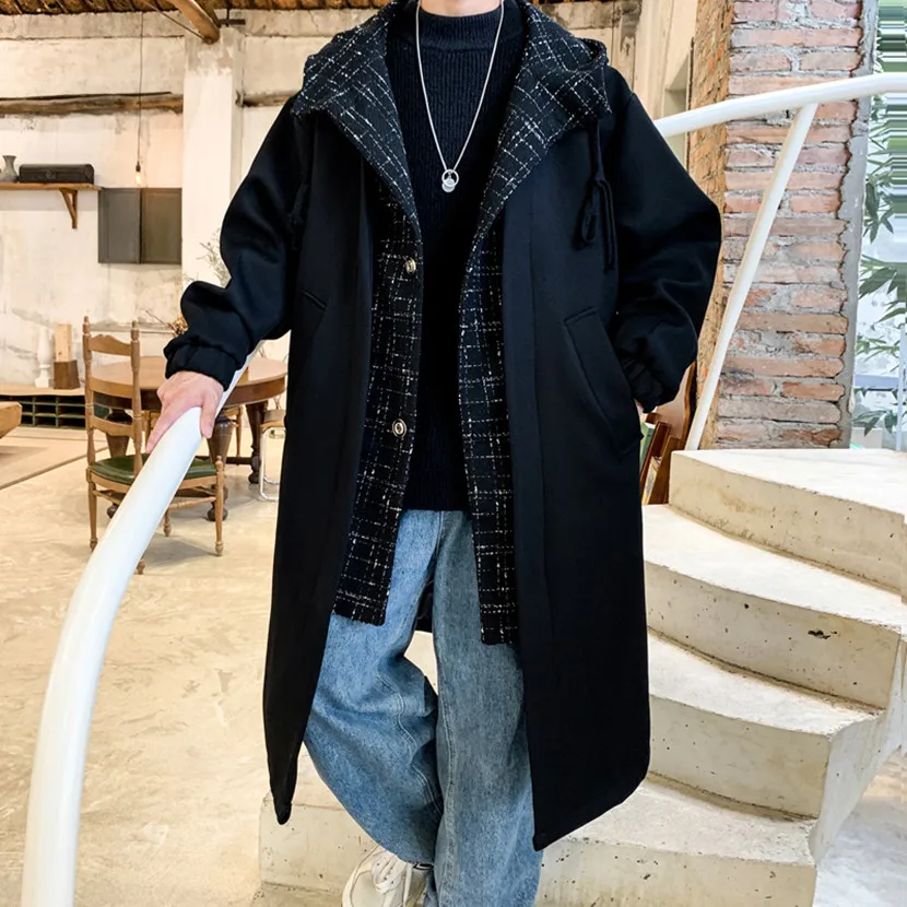 

Модная корейская мужская куртка-жакет с эффектом двухслойности, длинная, с капюшоном, весенне-осенняя, свободного кроя, молодежная, повседневная, модная верхняя одежда